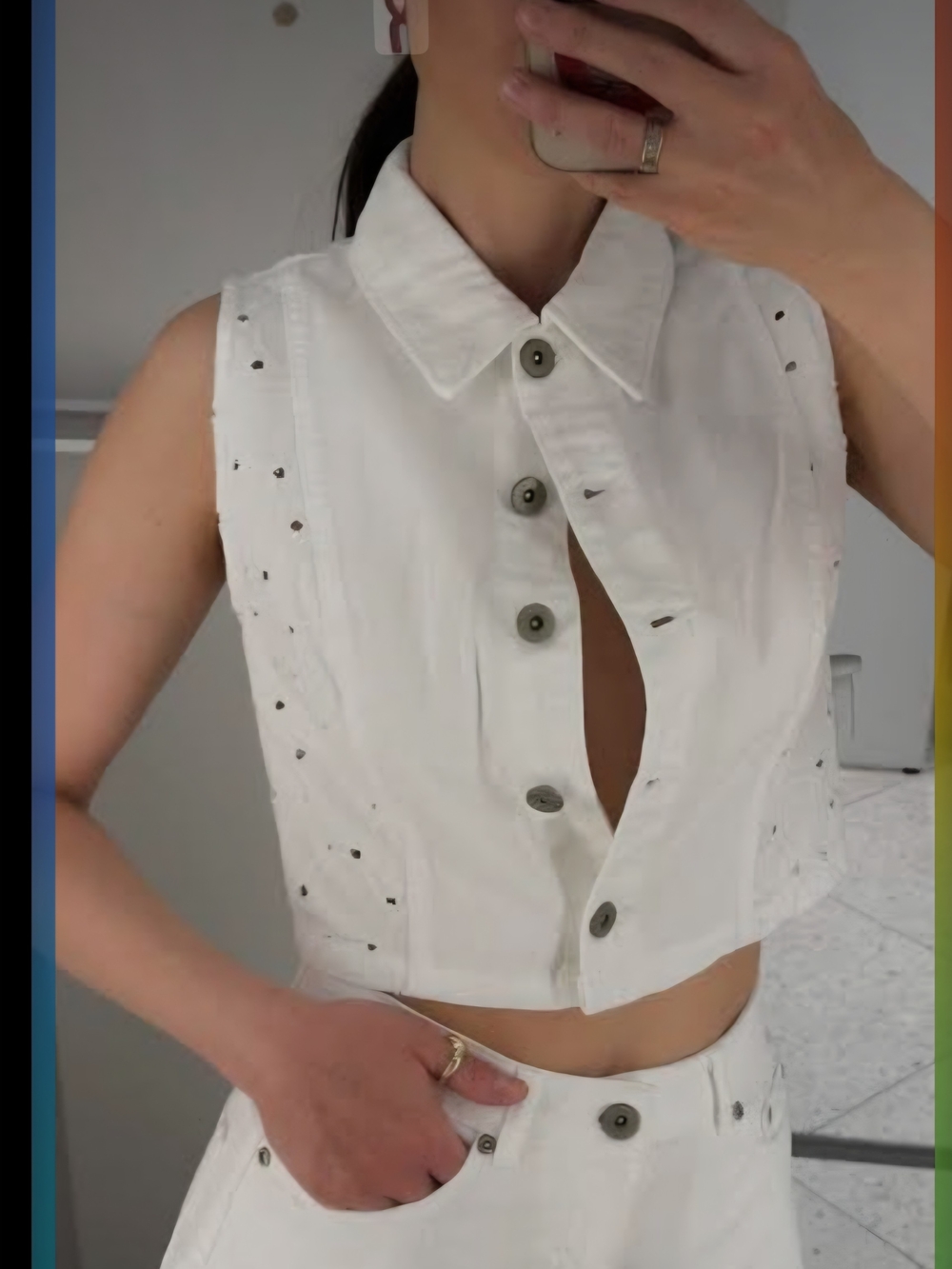 Zara White Eyelet Sleeveless Button-Front Crop Top Size M NWT